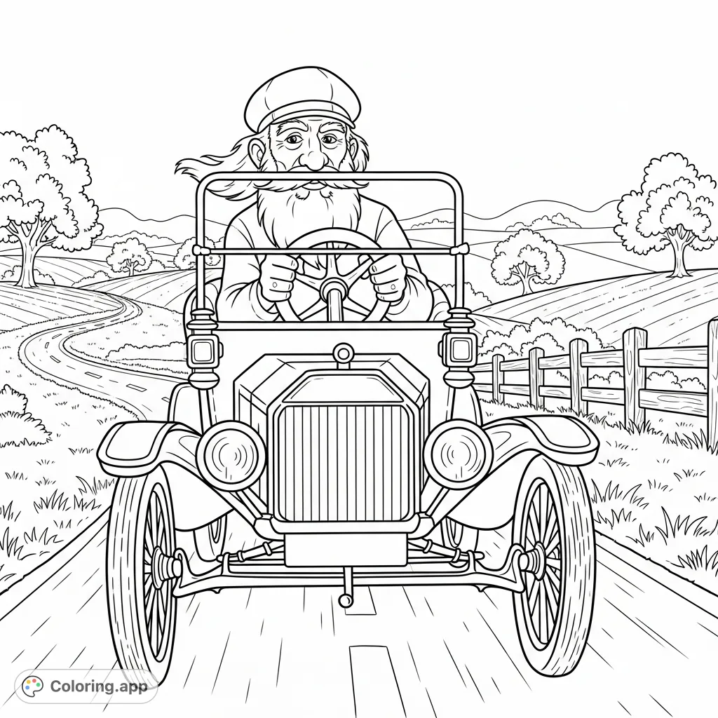 Embark on a nostalgic journey with an old man driving a classic Model T on a scenic country road. A charming vintage car coloring page for all ages.
