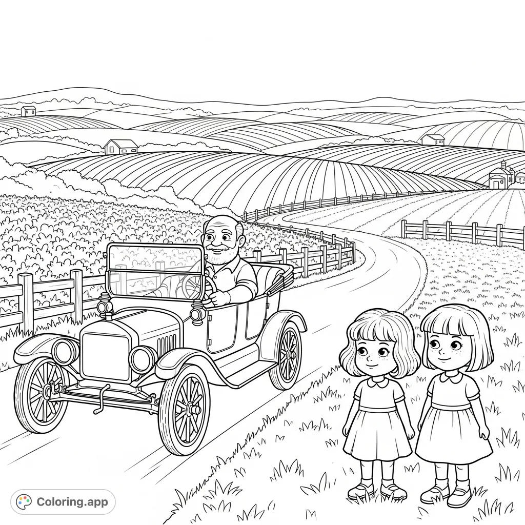 Journey back in time with this charming vintage farm drive coloring page, featuring an older man in a Model T and twin girls in a serene rural landscape.