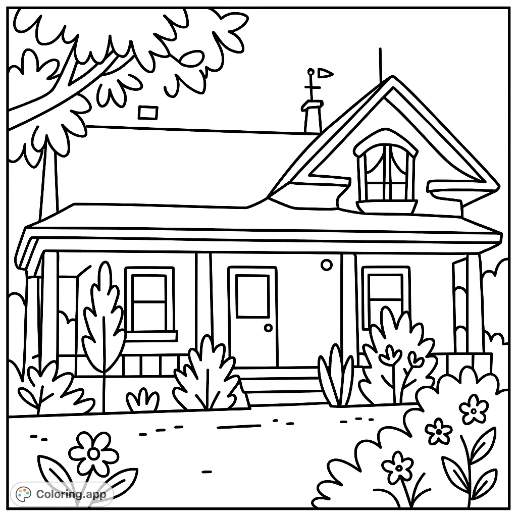 Color a charming, whimsical house with a wide porch and unique roof details, surrounded by plants. Perfect for a delightful storybook scene!