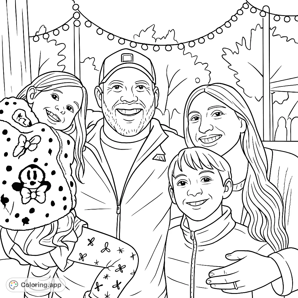 Capture a heartwarming family moment with this free printable family portrait coloring page, featuring smiling faces and festive string lights.
