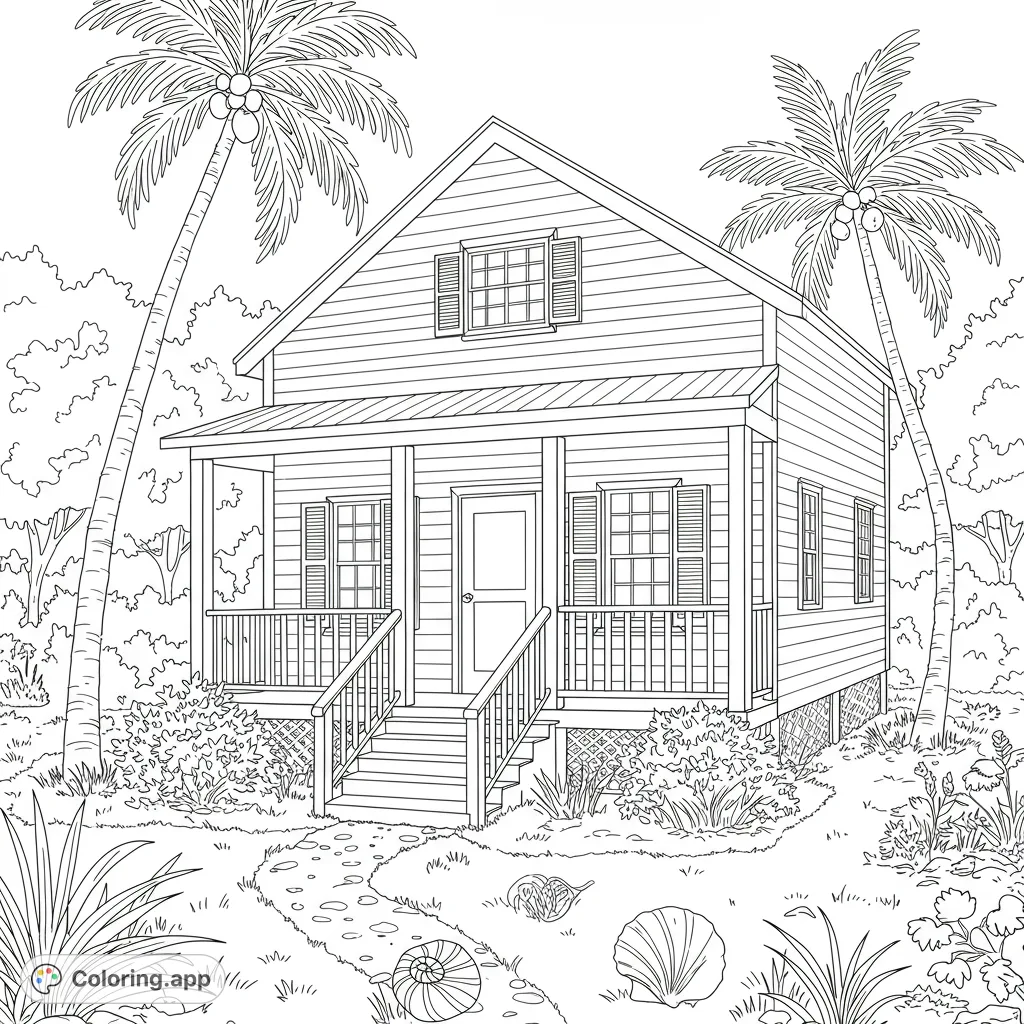 Explore a charming conch-style house with a welcoming porch, decorative shutters, and tall palm trees. Discover a hidden conch shell in the yard.