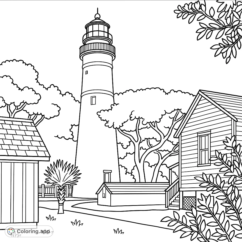 A majestic lighthouse stands tall amidst lush trees and charming buildings, inviting you to color a serene coastal scene. Perfect for all ages.
