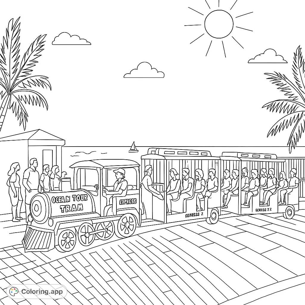 Embark on a coastal journey with this tourist train coloring page. Features a charming train, passengers, palm trees, and ocean views under a bright sky.