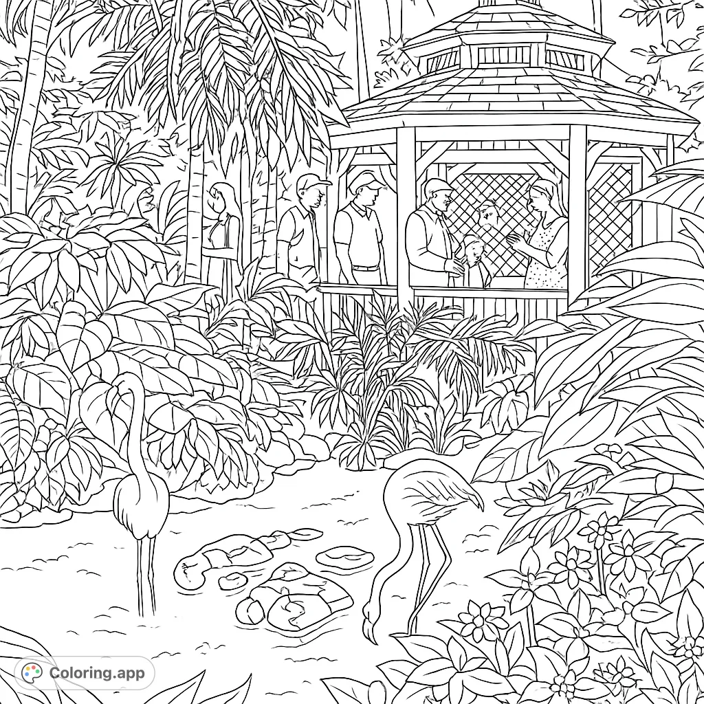 Discover a serene tropical garden with elegant flamingos wading in a pond, surrounded by lush plants and a charming gazebo. A detailed nature escape.