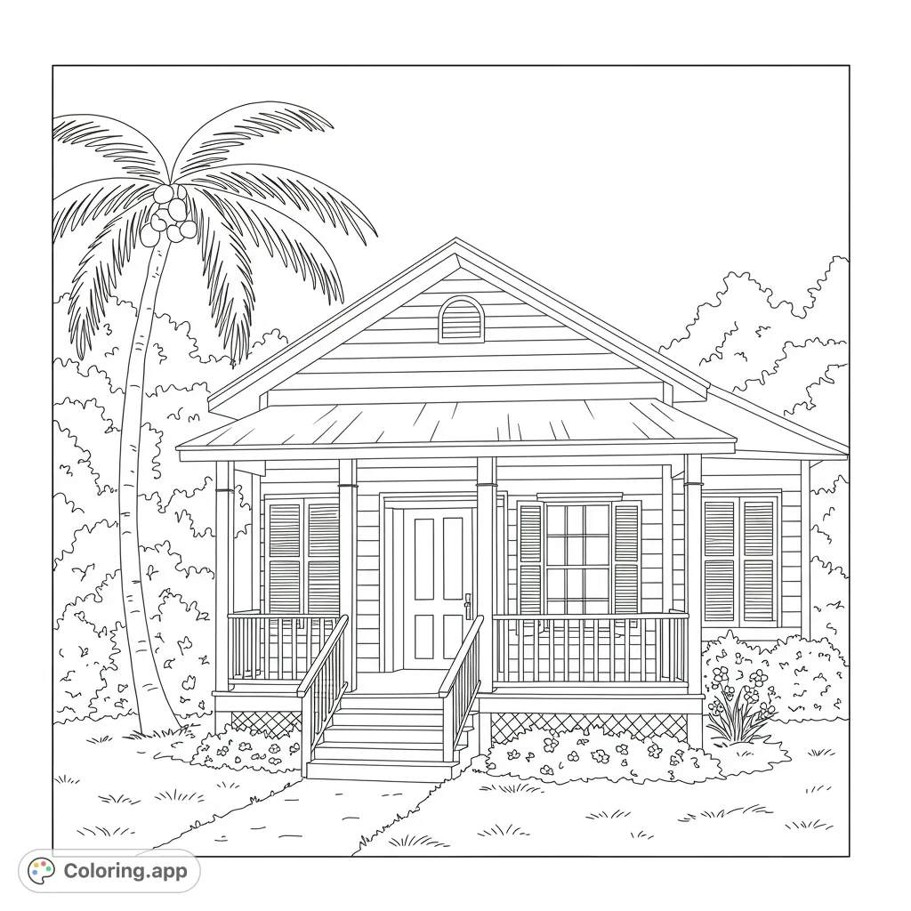 Color a classic Key West house with a welcoming porch, shuttered windows, and tall palm trees. A charming tropical scene for creative fun!
