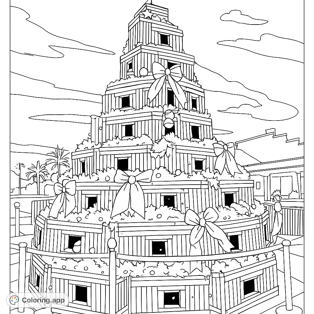 Unique holiday tree made from stacked lobster traps, adorned with bows and garlands. A festive coastal scene for coloring.