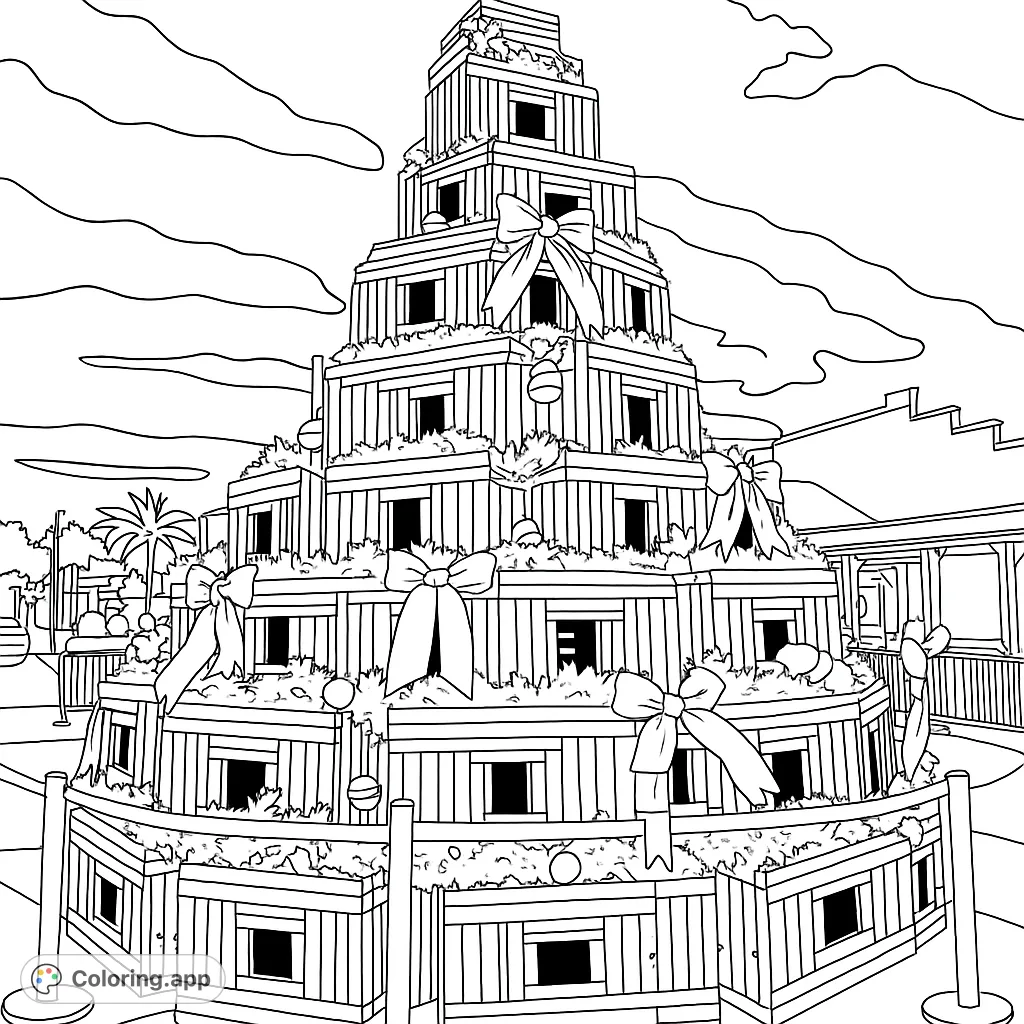 Unique holiday tree made from stacked lobster traps, adorned with bows and garlands. A festive coastal scene for coloring.