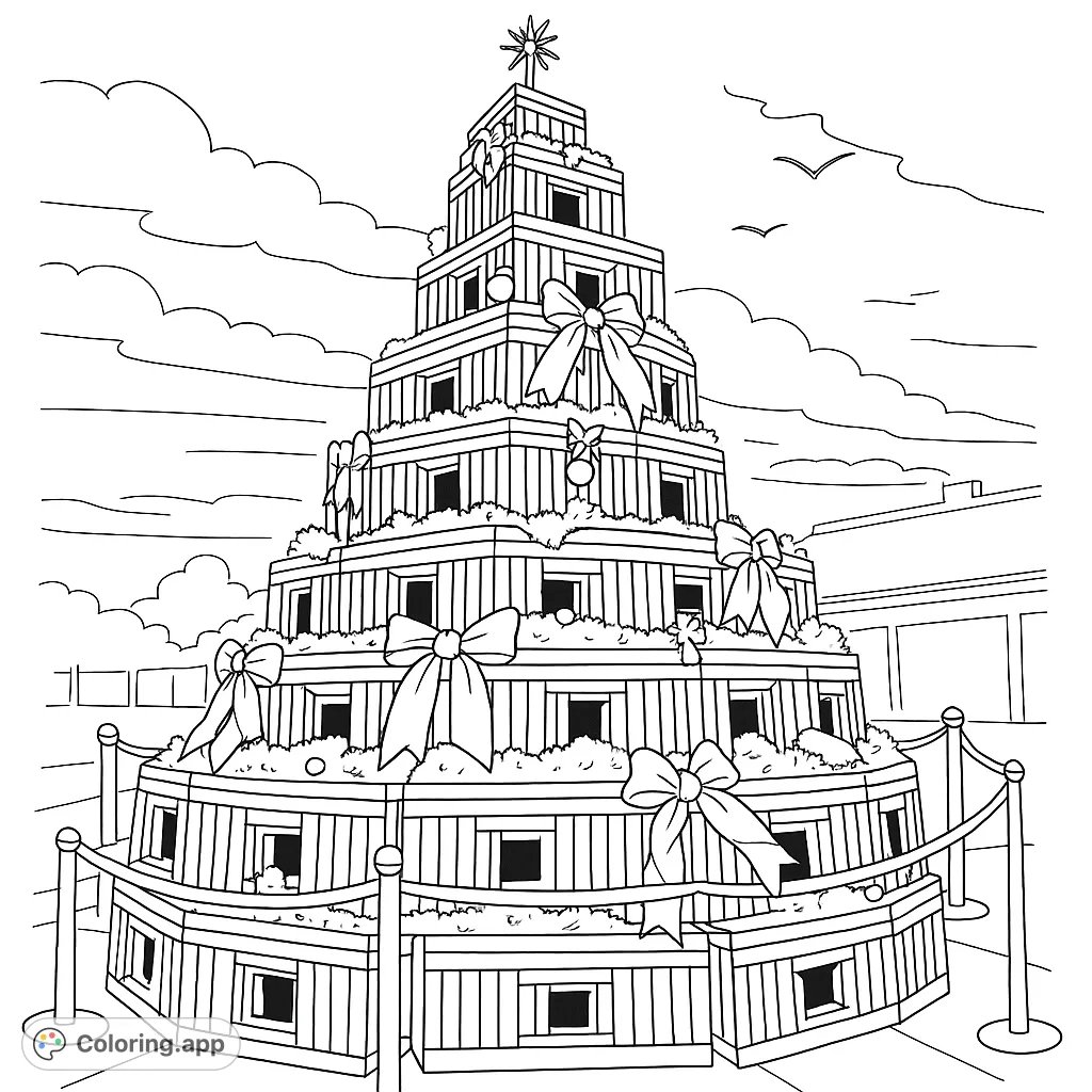 Unique holiday tree made from stacked lobster traps, adorned with bows and garlands. A festive coastal scene for coloring.