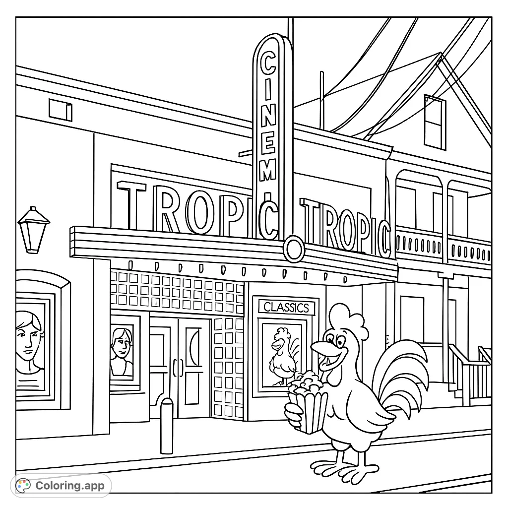 Step into a nostalgic night scene at the Tropic Cinema, featuring a charming rooster with popcorn. A fun, free printable cinema coloring page for all ages.