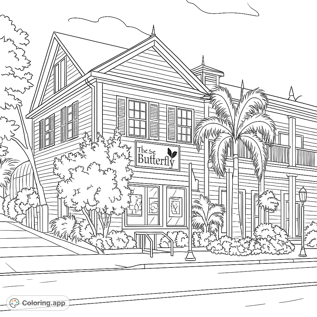 Explore a charming tropical building with intricate architectural details, lush palm trees, and vibrant flower beds. A delightful Key West Butterfly House coloring page.