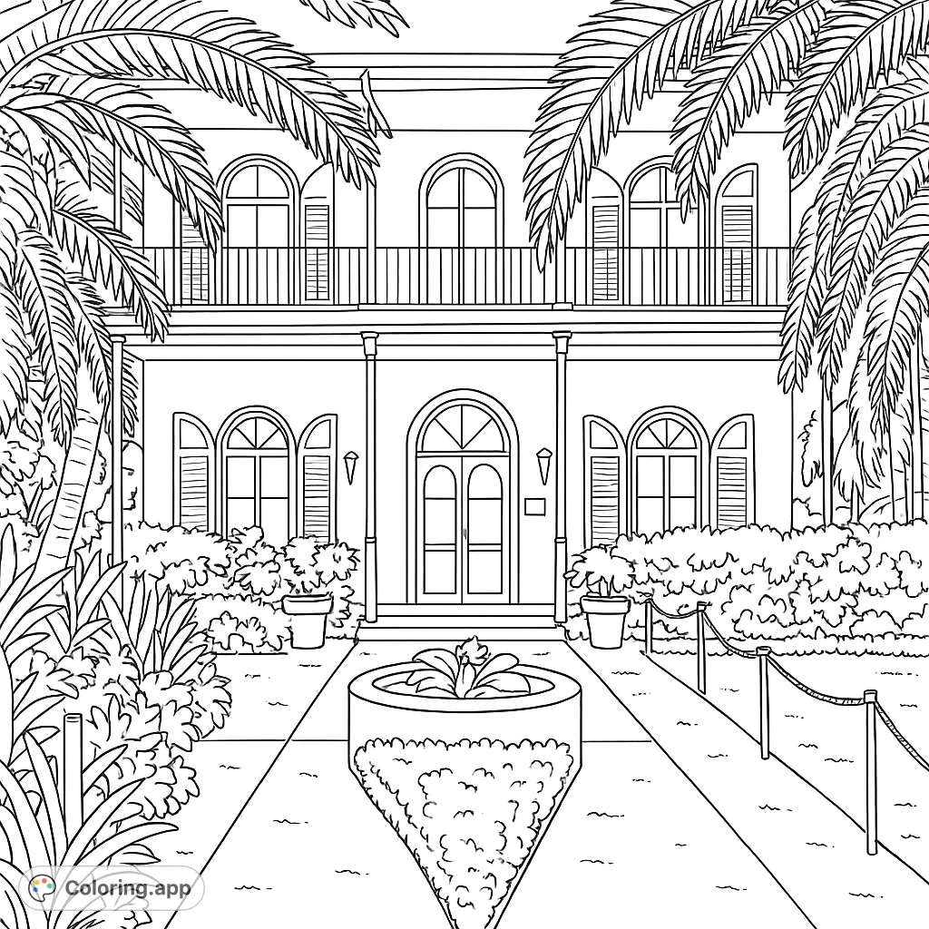 Explore a beautiful tropical mansion with a grand entrance, balcony, and lush garden. Perfect for architecture and nature enthusiasts to color.