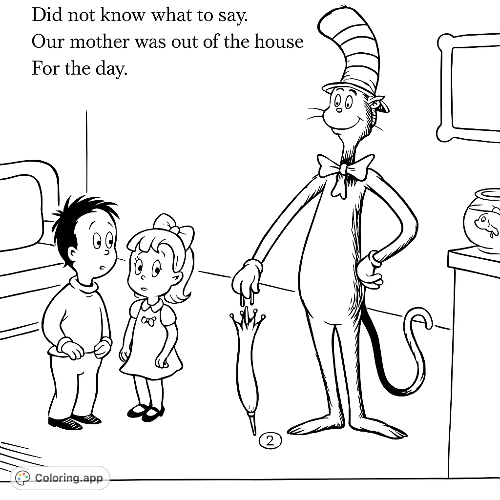 Join the iconic feline character and two children in a whimsical indoor scene, ready for a fun coloring adventure. Perfect for fans of classic tales.