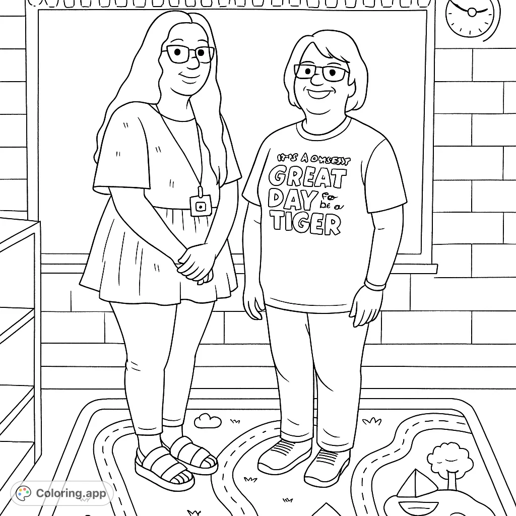 A charming cartoony classroom scene featuring two friendly individuals, perfect for young learners. Simple outlines make coloring easy and fun.