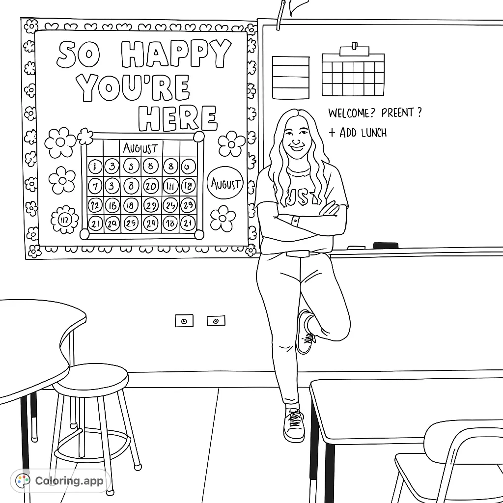 Welcome to class! Color a friendly teacher in a detailed classroom with a bulletin board, calendar, and whiteboard. Perfect for school spirit!