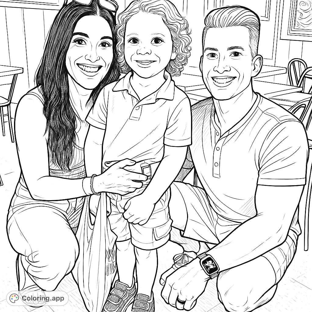 Capture a heartwarming family moment with this joyful coloring page. Features a smiling family of three, perfect for celebrating love and togetherness.