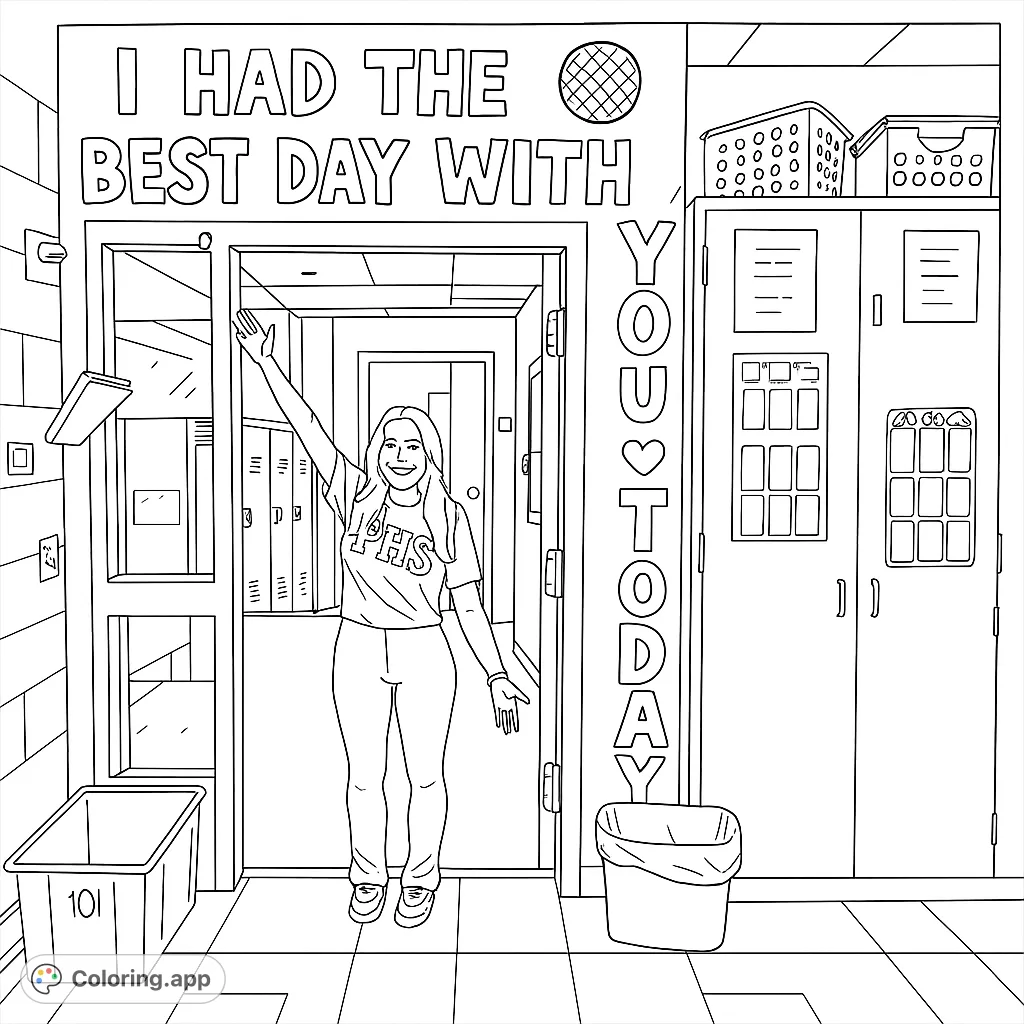Celebrate a great school day with this fun coloring page featuring a welcoming person in a decorated hallway. Perfect for students and teachers!