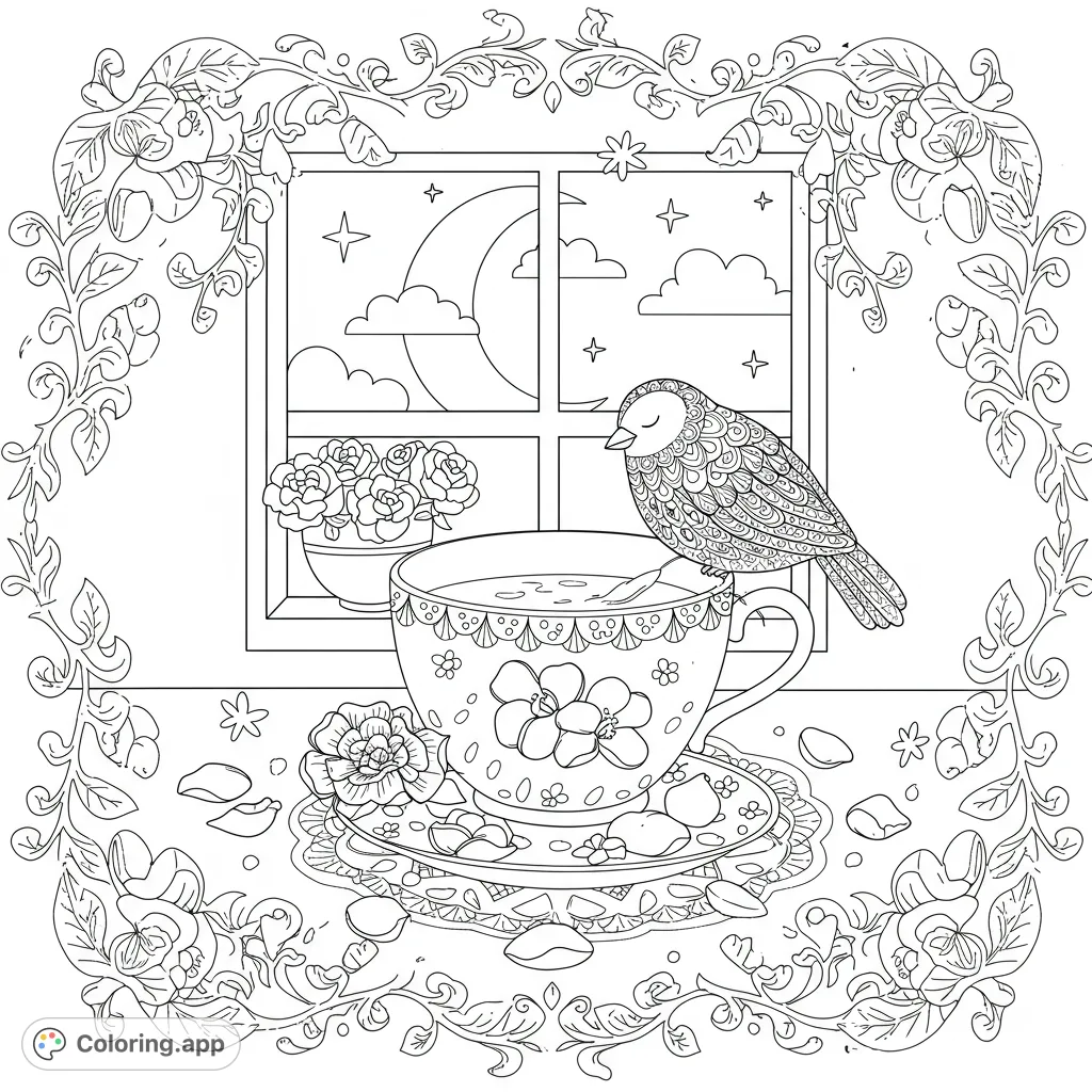 A charming teacup scene featuring a sleeping bird, a crescent moon, and delicate floral elements, perfect for a relaxing coloring experience.