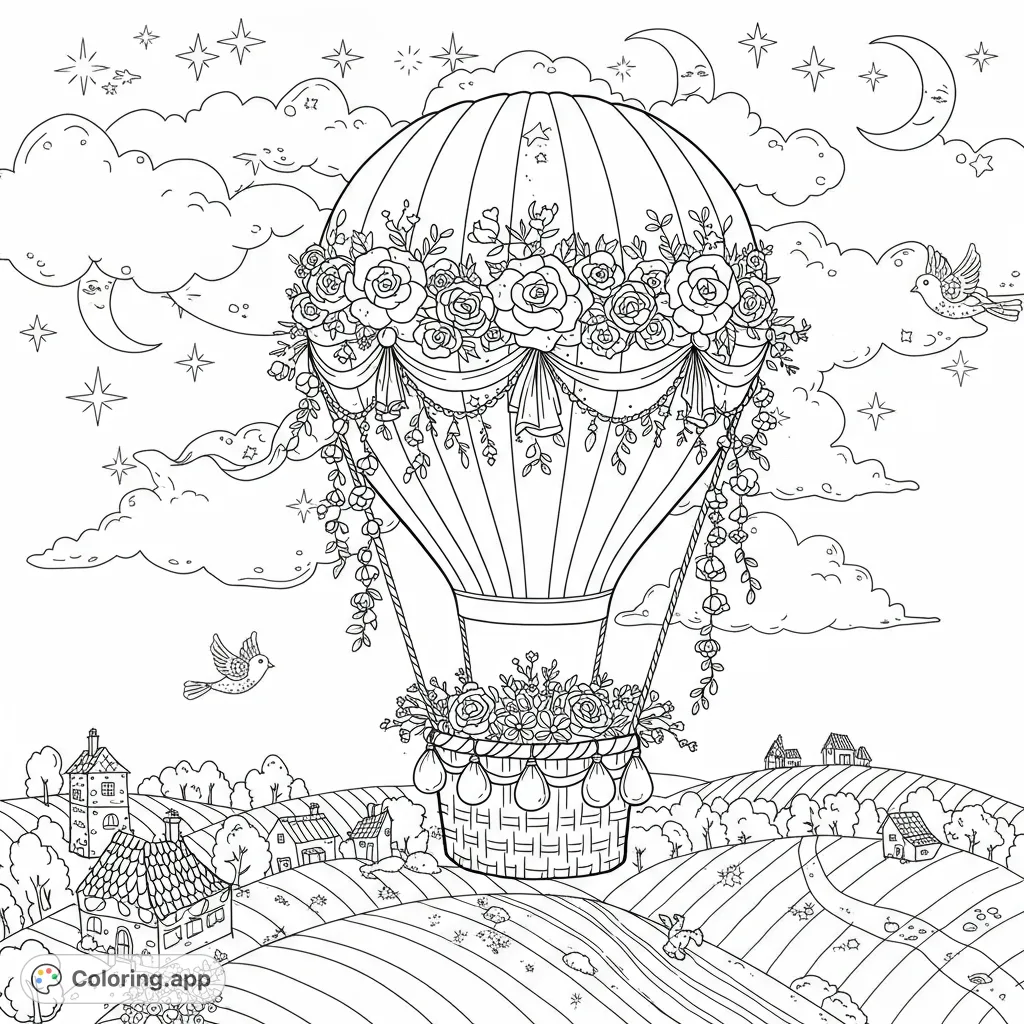 Float into a whimsical dreamscape with an ornate hot air balloon, friendly moon, and tiny houses. A delightful adventure awaits your colors!