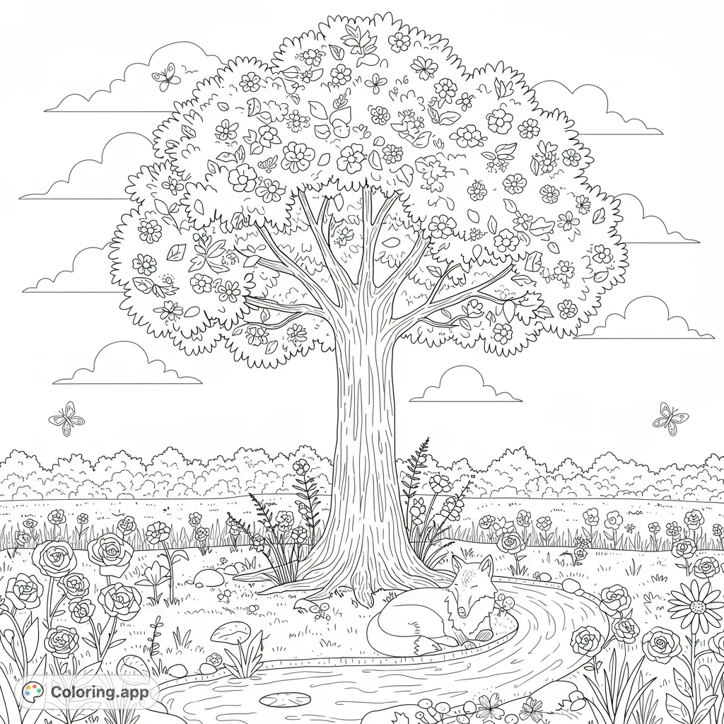 Explore a serene meadow scene featuring a whimsical tree, gentle stream, fluttering butterflies, and a resting fox. A delightful nature escape.