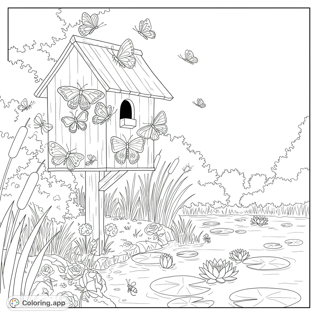 A serene butterfly house by a tranquil lake, adorned with water lilies and teeming with delicate butterflies and various charming bugs.