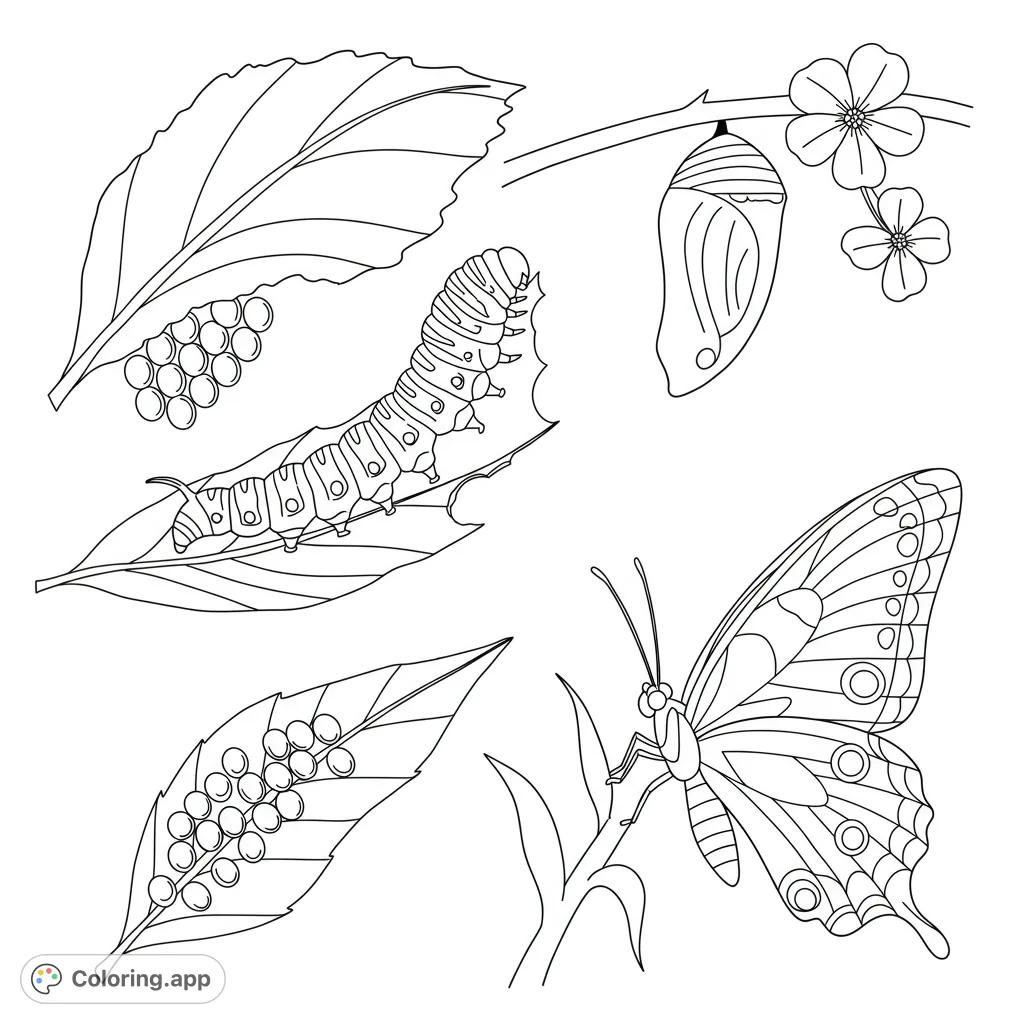 Discover the amazing butterfly life cycle! Color eggs, a caterpillar, chrysalis, and a beautiful butterfly in this educational nature scene.