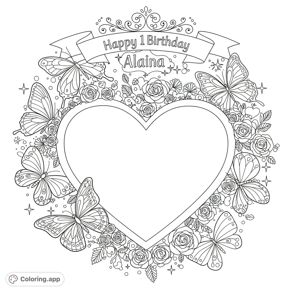 A delightful coloring page featuring a decorative heart, graceful butterflies, and celebratory text, perfect for a special first birthday.
