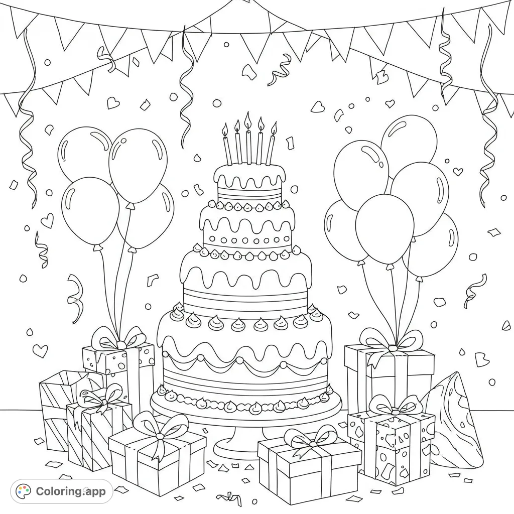 A delightful birthday coloring page featuring a grand cake, balloons, and gifts, perfect for celebrating special moments and adding your creative touch.