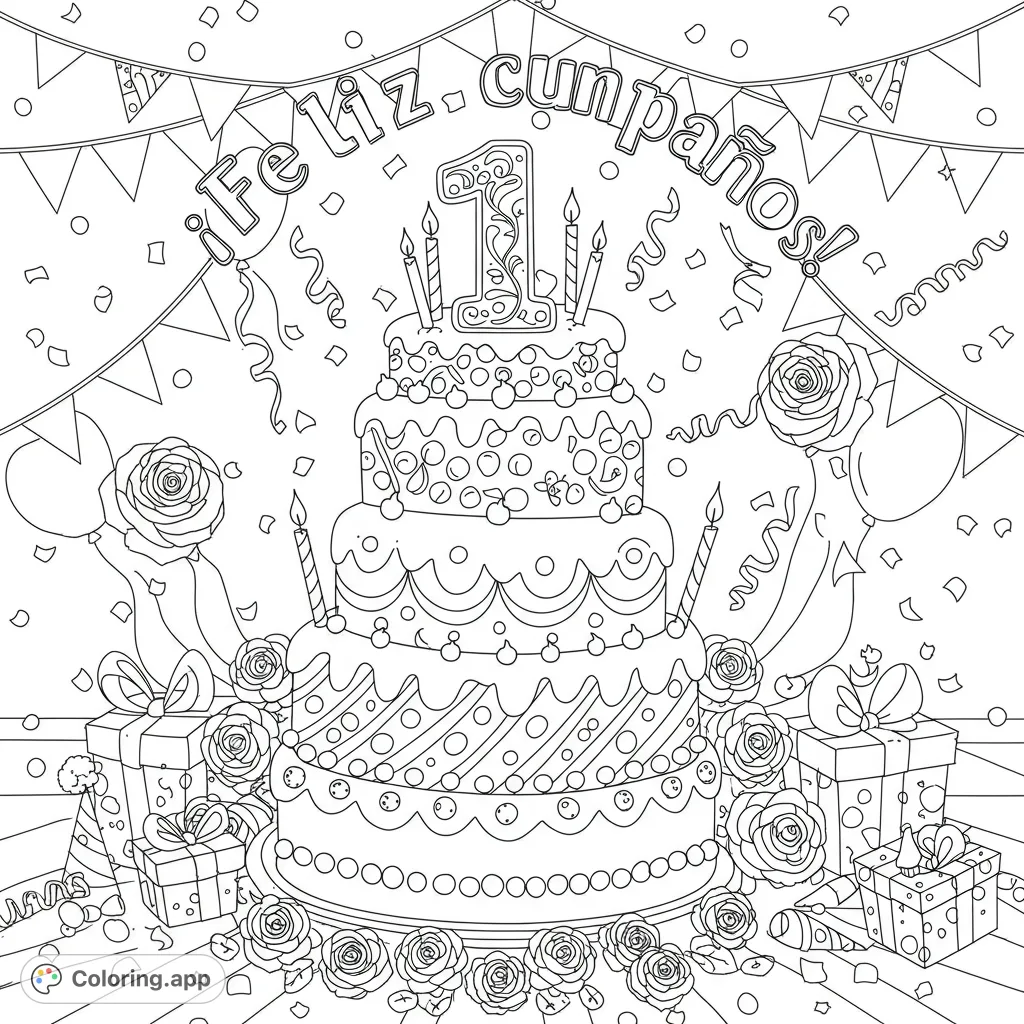 Celebrate a special first birthday with this festive coloring page featuring a grand cake topped with the number one and '¡Feliz cumpleaños!' text.