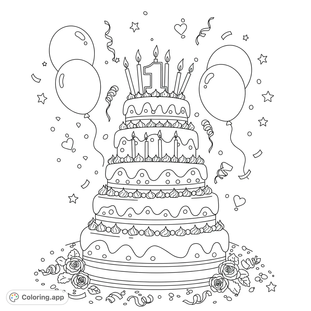 Celebrate a special milestone with this delightful first birthday cake coloring page. Features a prominent '1' and festive decorations for a joyful coloring experience.
