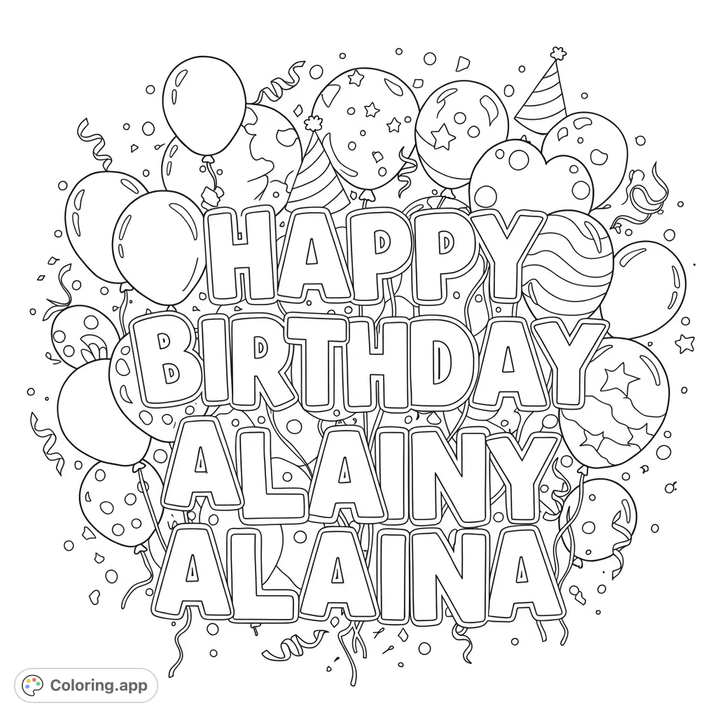 A festive birthday coloring page featuring decorative lettering spelling "Happy Birthday Alaina" surrounded by a cheerful cluster of balloons.