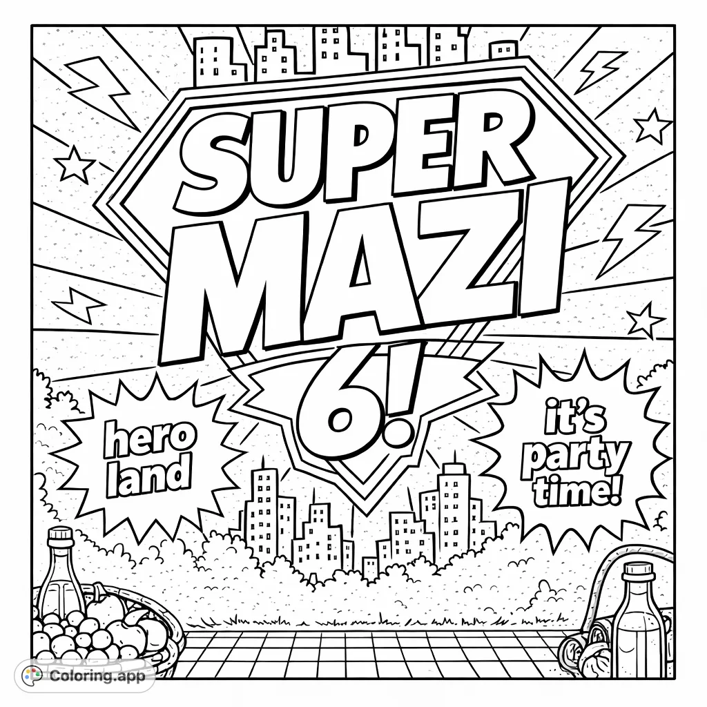 A dynamic comic-style coloring page featuring a 'SUPER MAZI 6!' emblem, a city skyline, lush foliage, and a picnic spread, perfect for imaginative coloring fun.