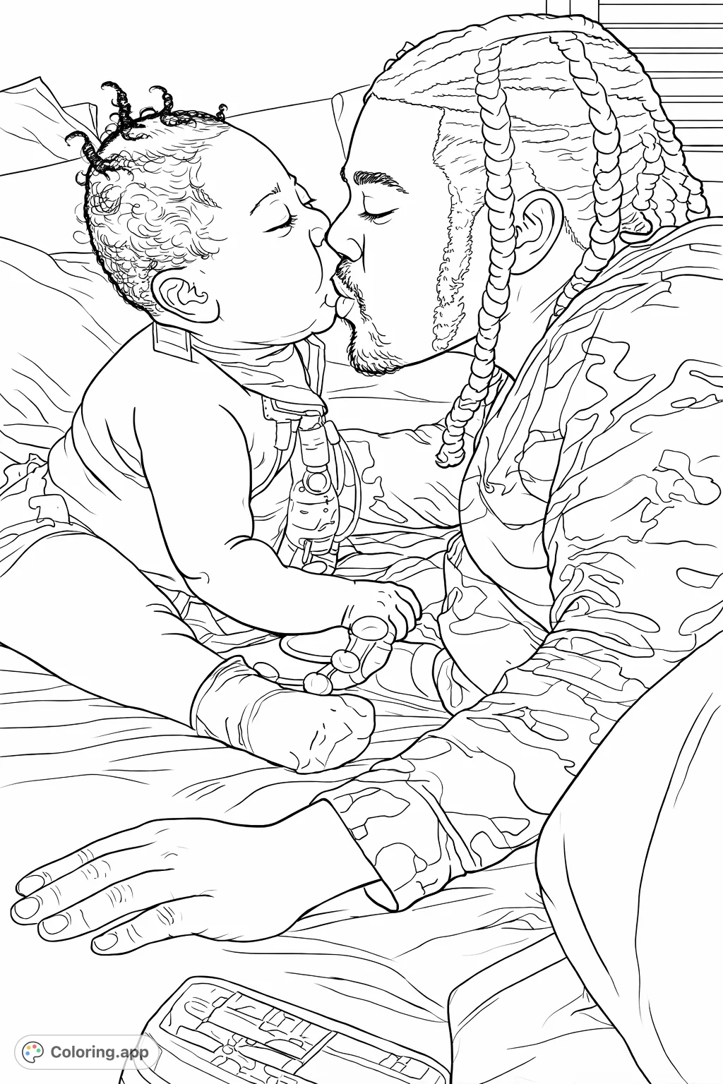 A heartwarming scene featuring an adult sharing a tender moment with a baby. Celebrate family bonds with this free printable connection coloring page.