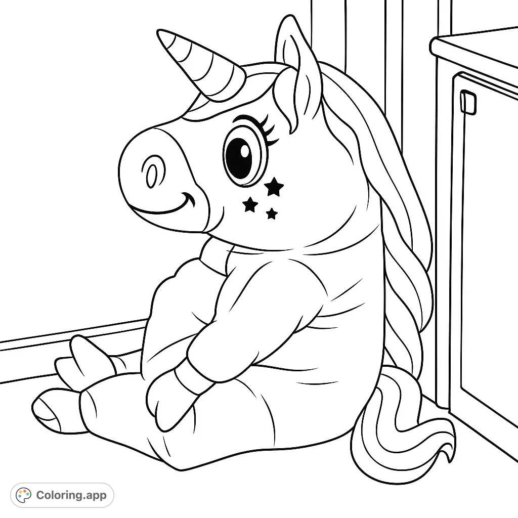 A delightful inflatable unicorn costume sits playfully on the floor, ready for a burst of imagination. Perfect for a fun, whimsical coloring adventure!