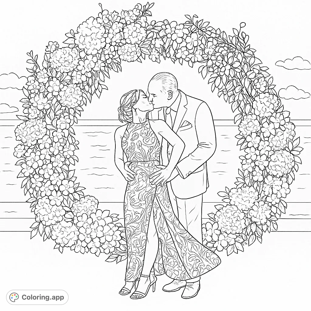 A romantic couple shares a tender kiss under a grand floral arch by the ocean, celebrating love and special moments.