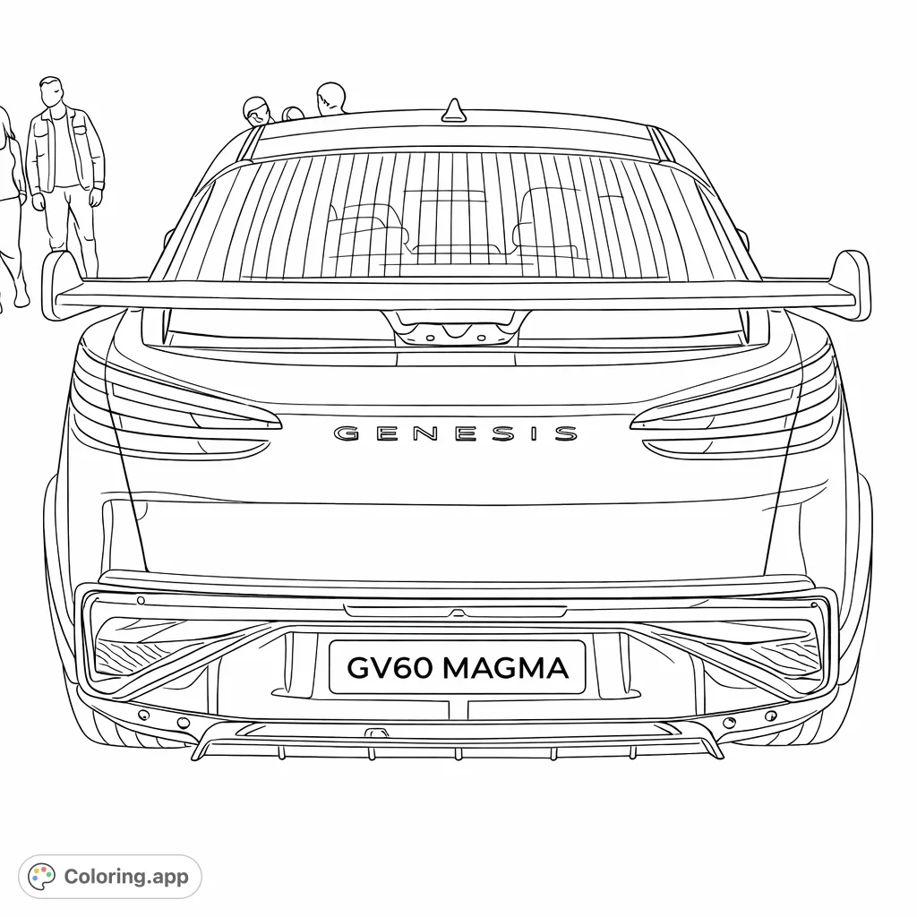 Experience the sleek design of the GV60 Magma with this dynamic rear view coloring page. Perfect for car enthusiasts to customize with their unique palette.