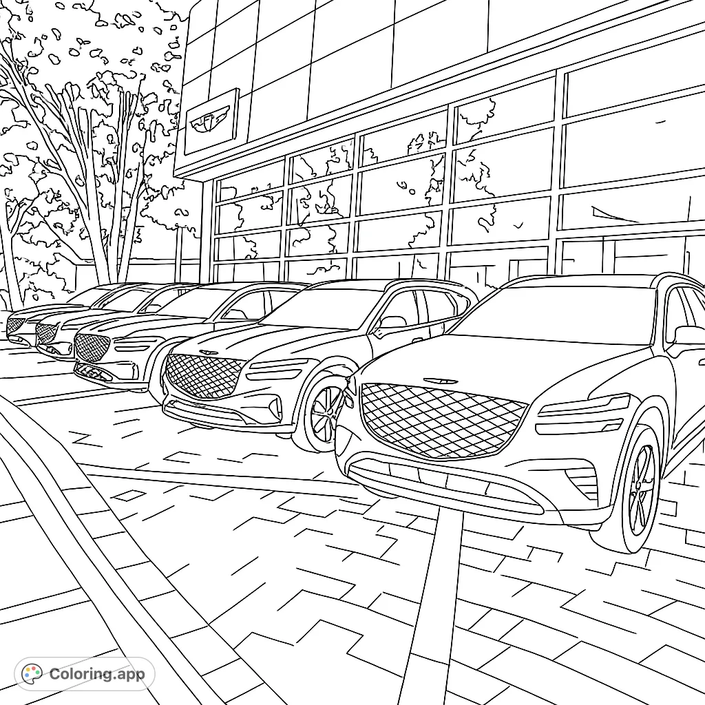 Explore a sleek lineup of luxury vehicles parked outside a modern dealership. Perfect for car enthusiasts to customize with unique designs and shades.