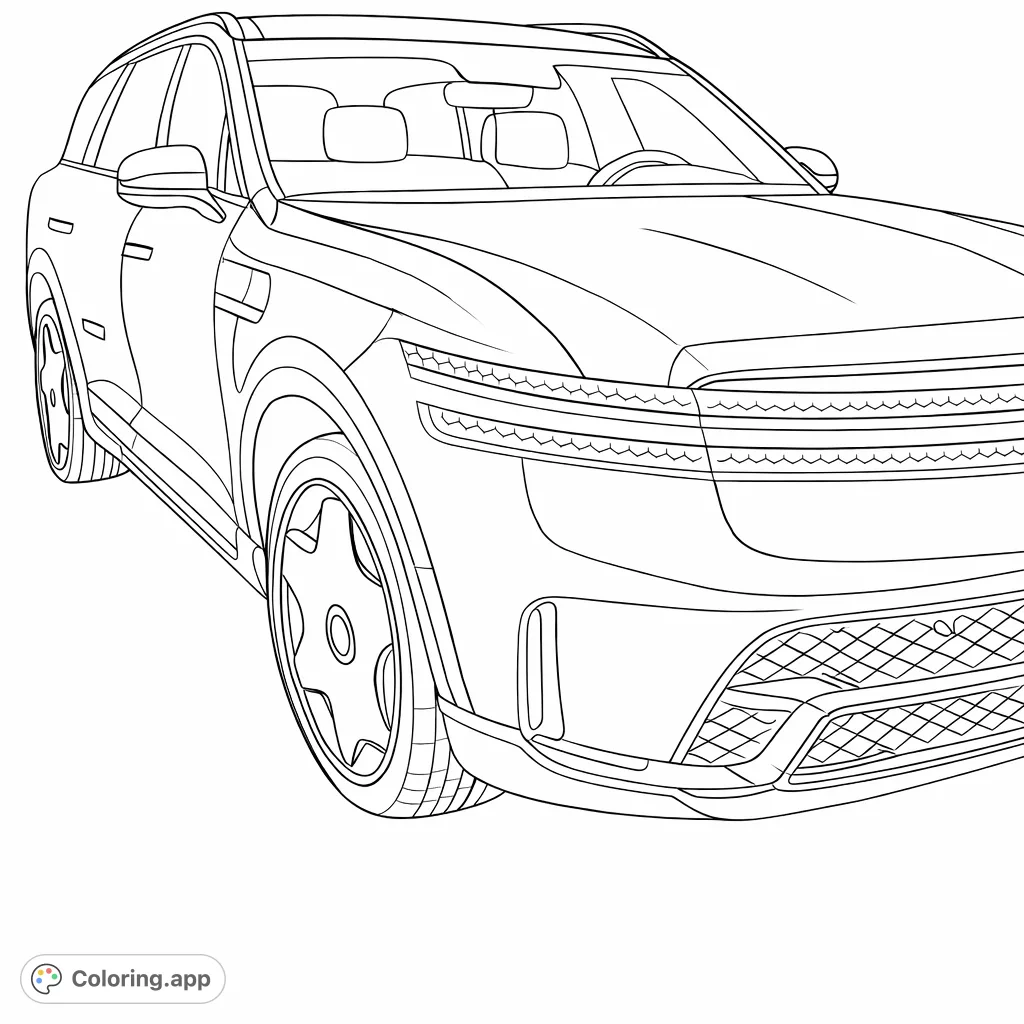 Color a detailed modern luxury SUV featuring sleek lines, unique segmented headlights, an intricate grille, and distinctive wheels. Perfect for automotive enthusiasts.