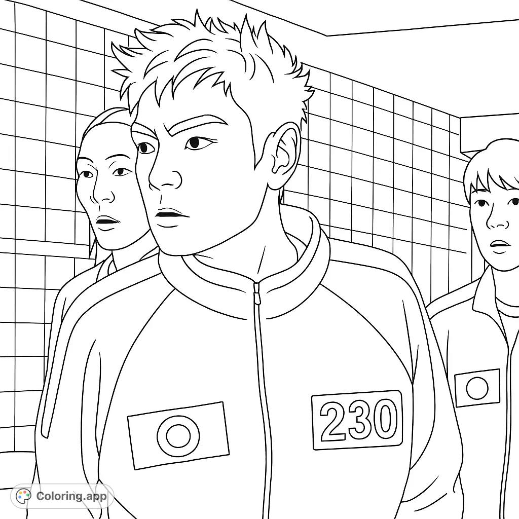 A detailed portrait of a game participant in a tracksuit, featuring unique hair and numbered patches. Perfect for fans of survival game themes.