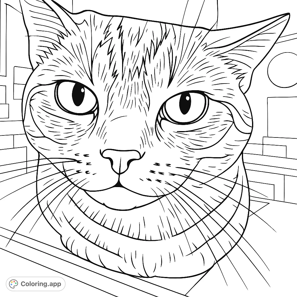 A detailed close-up of a tabby cat's face, featuring expressive eyes, intricate fur patterns, and prominent whiskers, perfect for animal lovers.