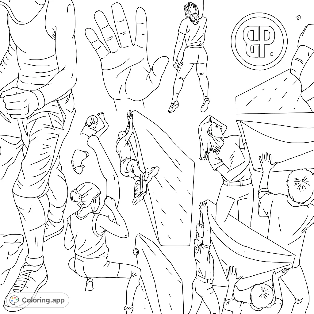 Dynamic climbing collage featuring athletes in action, detailed hands on holds, and abstract rock forms. Perfect for sports enthusiasts.