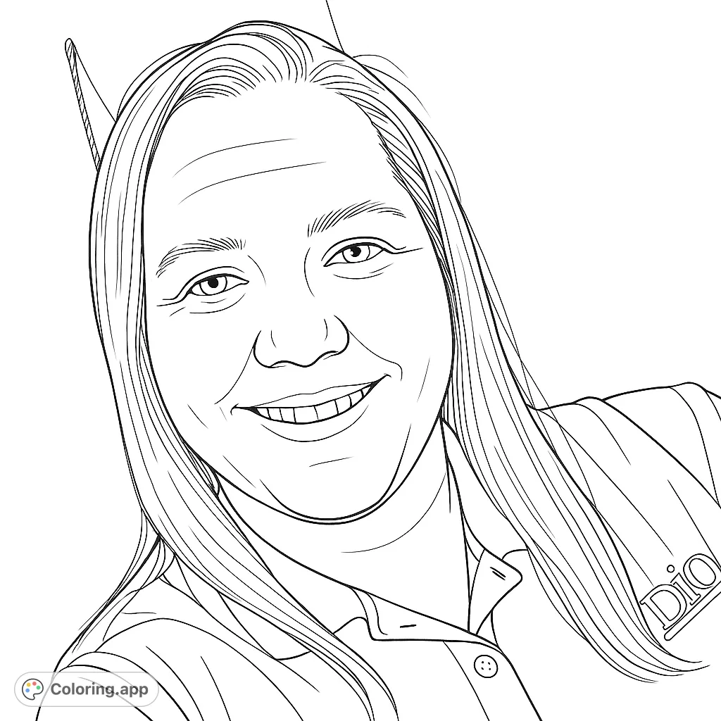 A friendly woman's portrait, perfect for a relaxing coloring session. Features a warm smile and detailed hair, ideal for all ages.