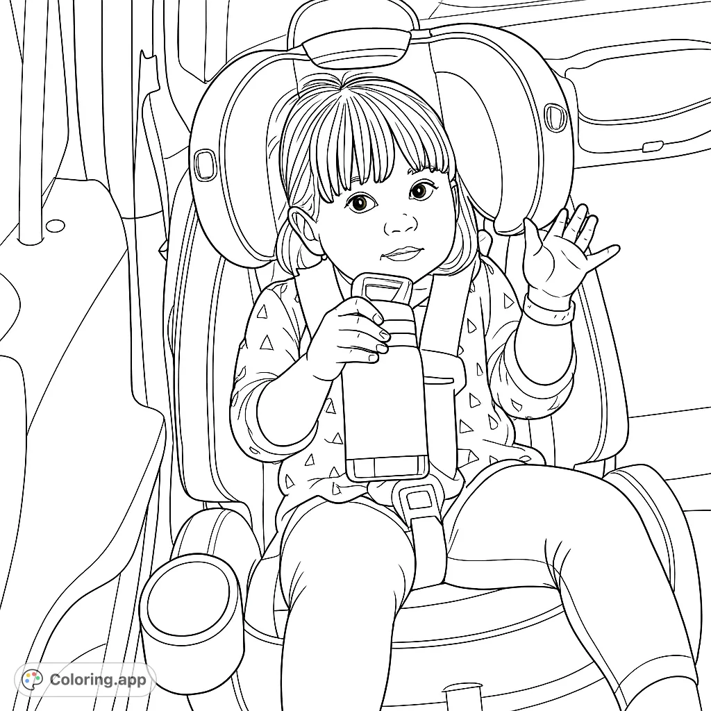 A delightful coloring page featuring a young child safely buckled in a car seat, holding a bottle and waving. Perfect for family travel themes.