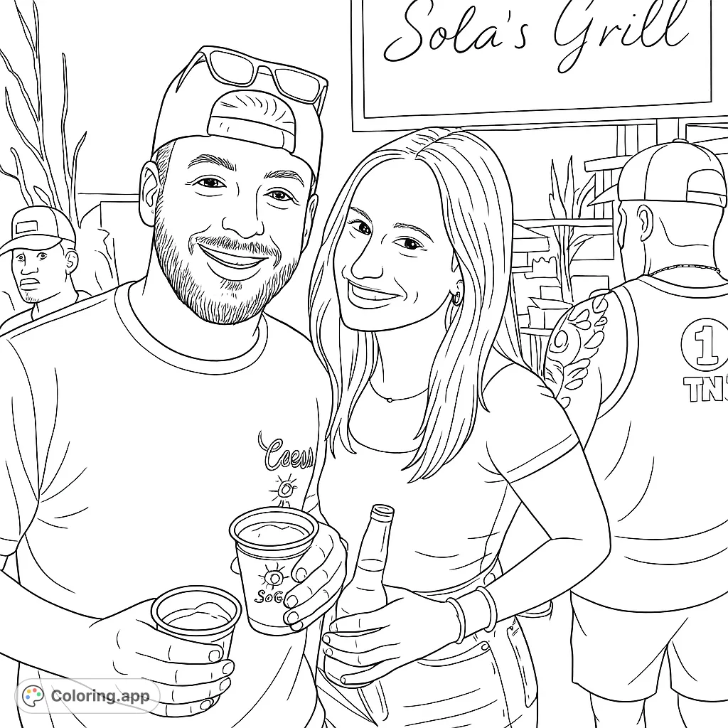 A cheerful couple enjoying drinks at an outdoor event, perfect for a relaxing coloring session. Capture the lively atmosphere!