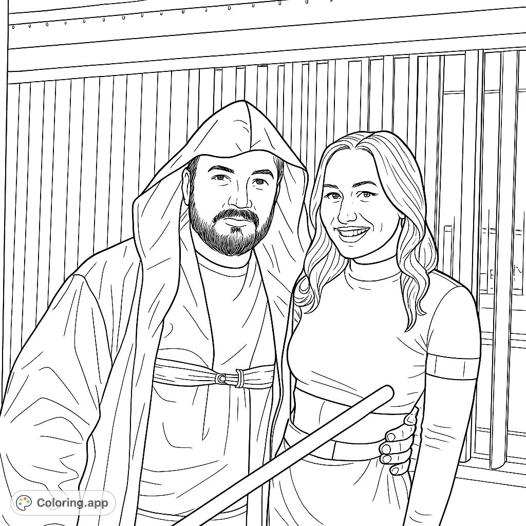 Color a dynamic duo in space-inspired costumes, featuring a hooded figure and a companion with a glowing energy blade. Perfect for sci-fi fans!
