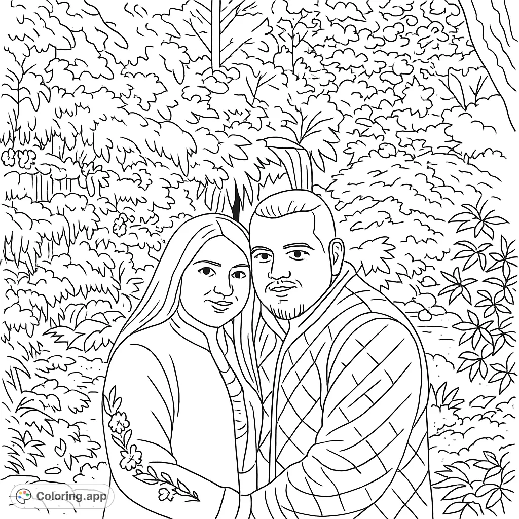 Capture a moment of connection with this couple in a vibrant garden. A detailed scene perfect for adult colorists seeking a natural escape.
