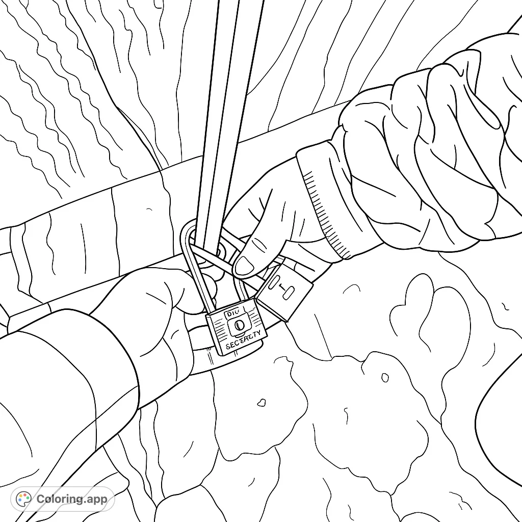 Capture a moment of connection with this love locks coloring page. Two hands secure padlocks on a railing, symbolizing enduring bonds against a scenic backdrop.