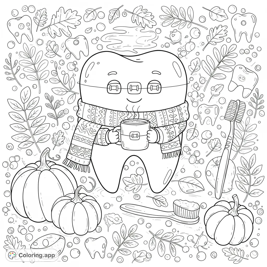 A unique fall-themed coloring page featuring a happy tooth with braces, surrounded by pumpkins, autumn leaves, and cozy accessories. Perfect for a seasonal smile.