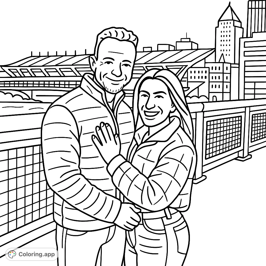 Capture a romantic moment with this city bridge couple coloring page. Perfect for expressing love and creativity with an urban backdrop.