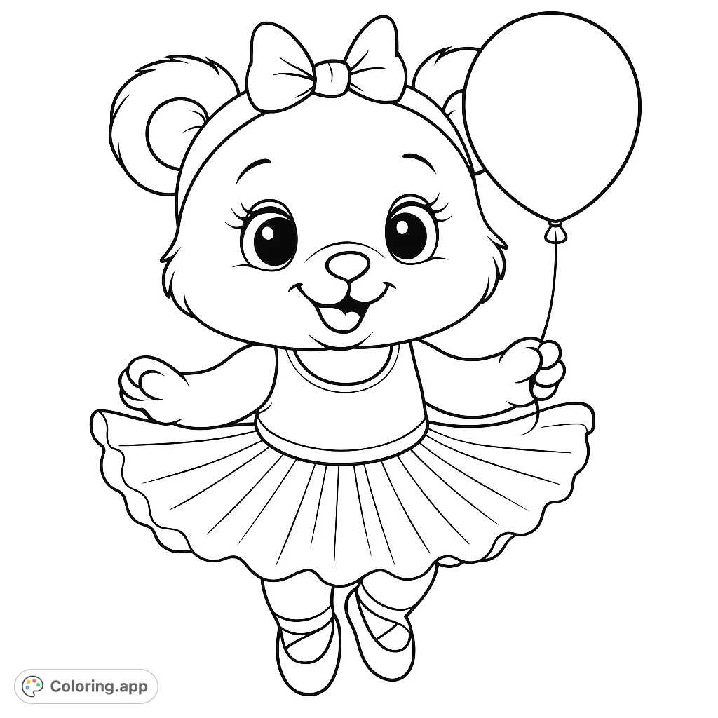 A delightful ballerina bear in a tutu, holding a balloon, ready for a dance or celebration. Perfect for young artists!