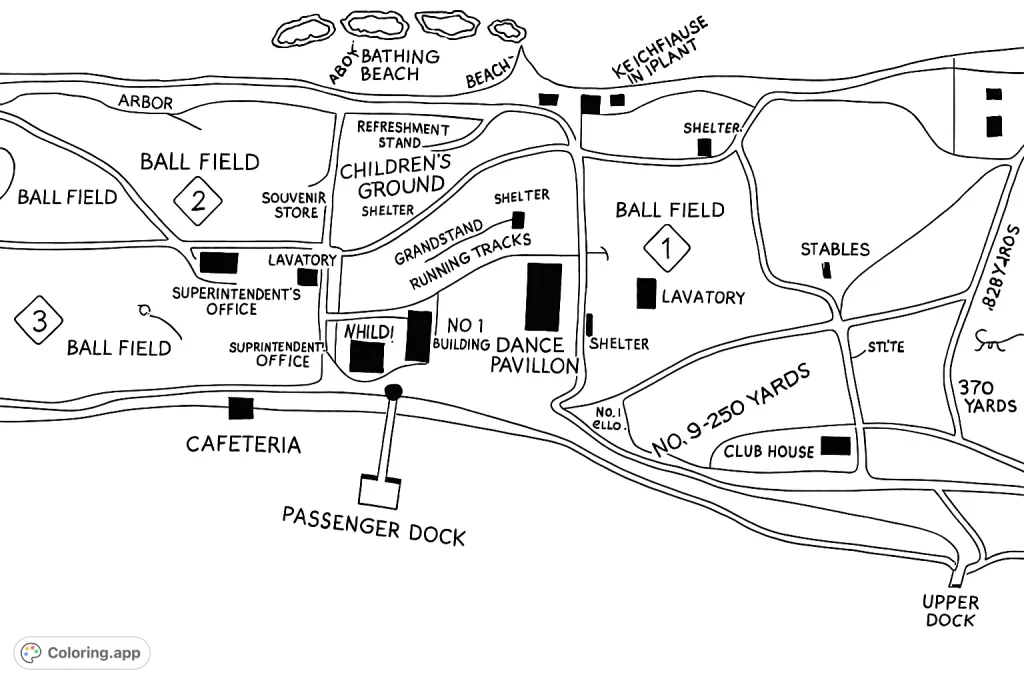 Explore a detailed vintage map of an island park, featuring ball fields, a merry-go-round, docks, and numerous labeled buildings for a nostalgic coloring experience.